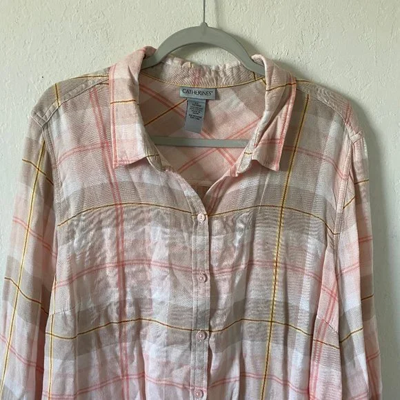 Catherines Womens Blouse Button Up Plaid Size 0X Long Sleeves Pink Casual Top - Picture 2 of 11